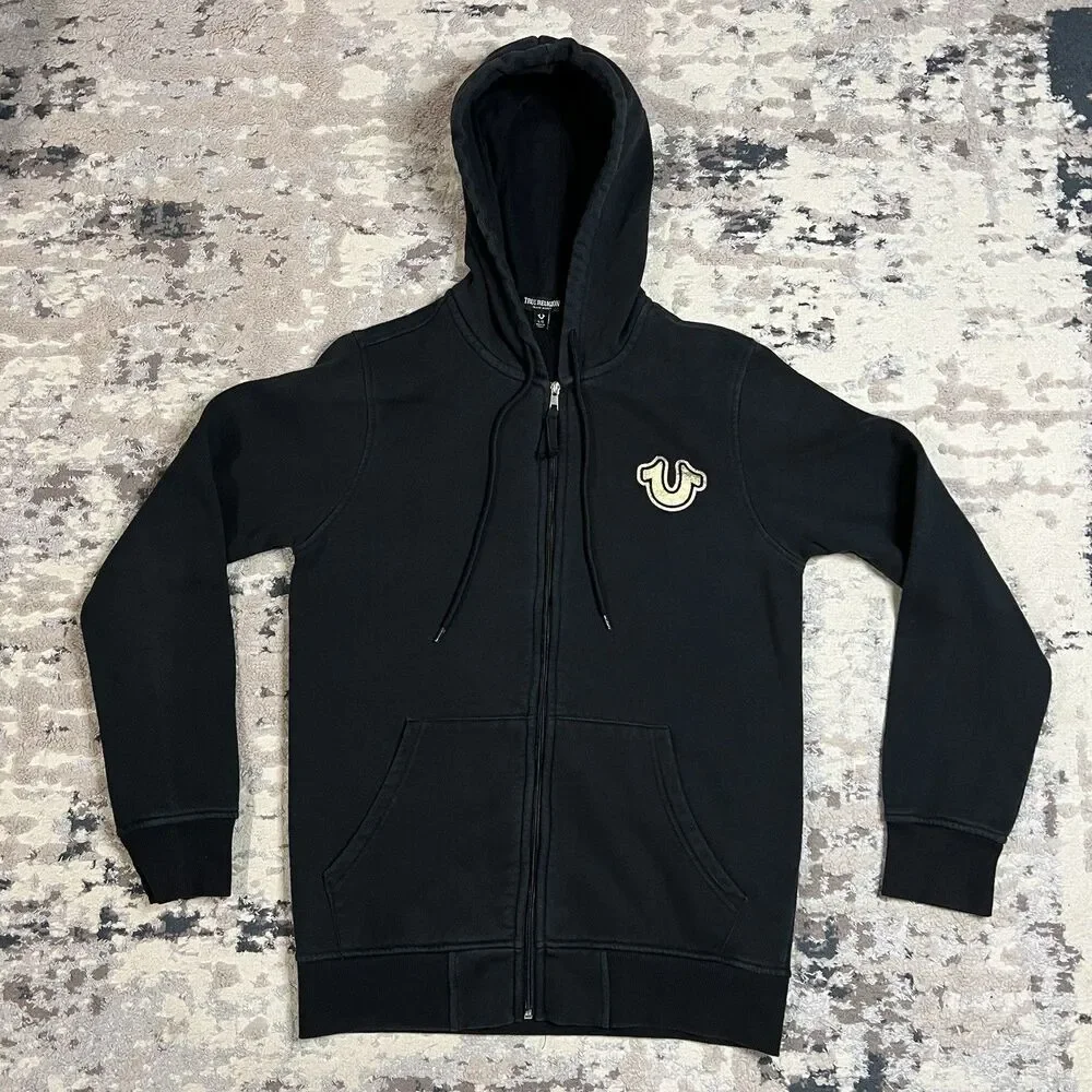 TRUE RELIGION Jeans Black Full Zip Hoodie Buddha Foil Gold Men Sz L Fashion
